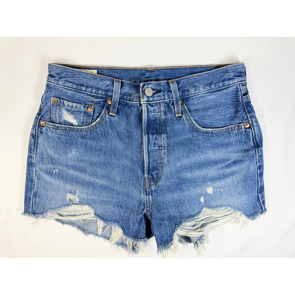 Levi’s 501 Premium Denim Shorts W28 Distressed Frayed Cutoff High Rise Blue